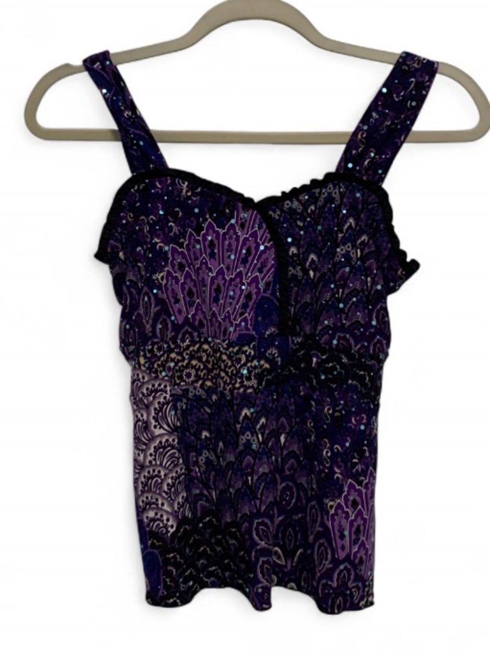 Y2K Purple Patchwork Printed Black Trim Tank Top